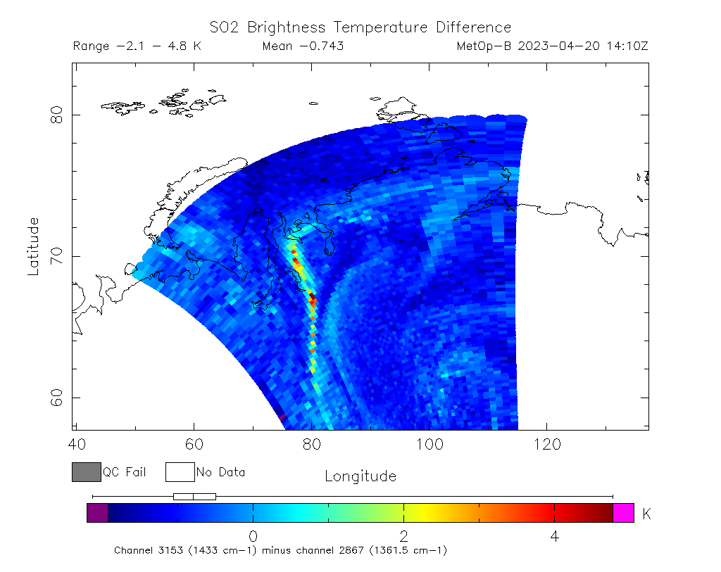 SO2 Brightness Temperature Difference 2023-04-20 14:10Z