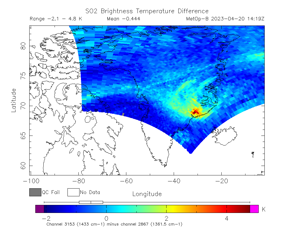 SO2 Brightness Temperature Difference 2023-04-20 14:19Z