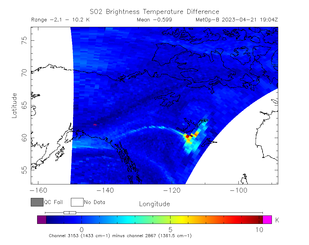 SO2 Brightness Temperature Difference 2023-04-21 19:04Z