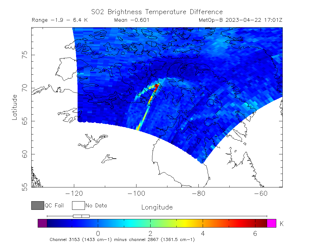 SO2 Brightness Temperature Difference 2023-04-22 17:01Z
