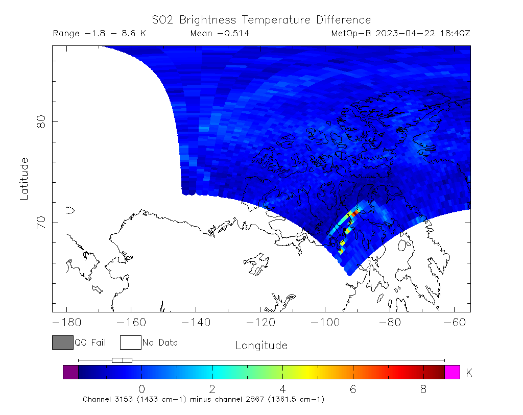 SO2 Brightness Temperature Difference 2023-04-22 18:40Z