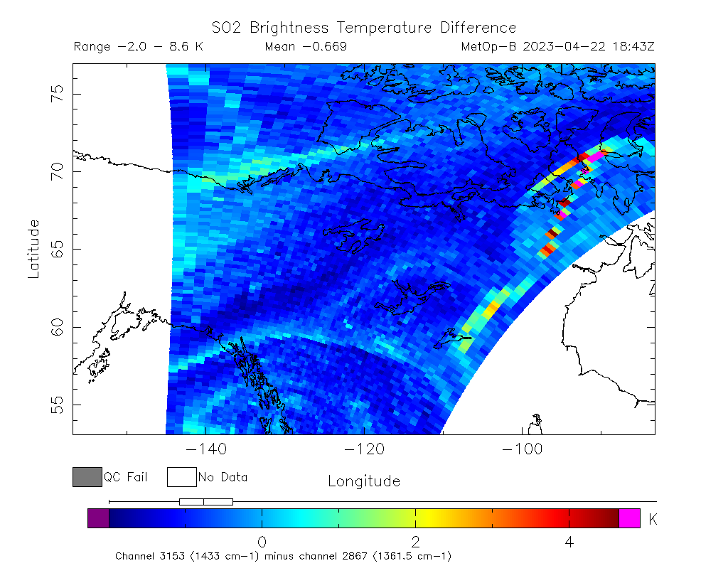 SO2 Brightness Temperature Difference 2023-04-22 18:43Z