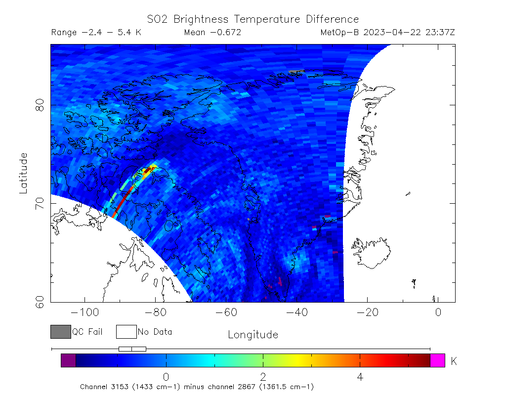 SO2 Brightness Temperature Difference 2023-04-22 23:37Z