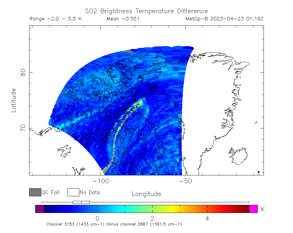 SO2 Brightness Temperature Difference 2023-04-23 01:19Z