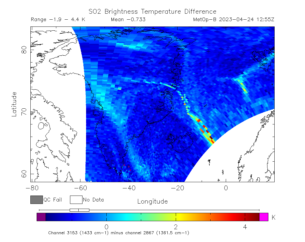 SO2 Brightness Temperature Difference 2023-04-24 12:55Z