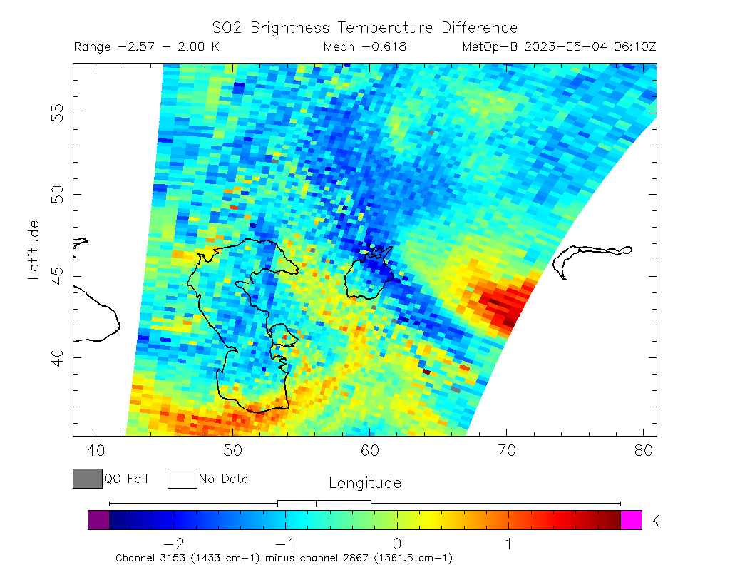 SO2 Brightness Temperature Difference 2023-05-04 06:10Z