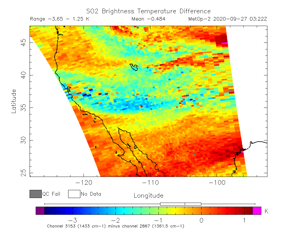 SO2 Brightness Temperature Difference 2020-09-27 03:22Z
