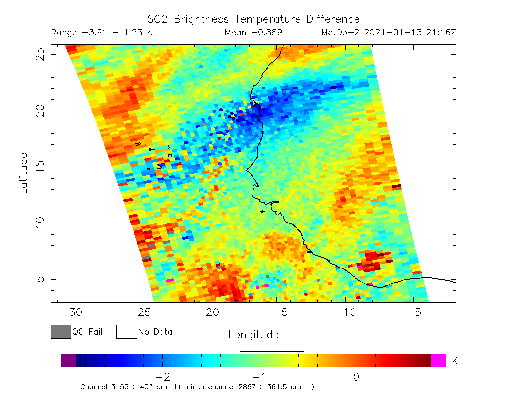SO2 Brightness Temperature Difference 2021-01-13 21:16Z
