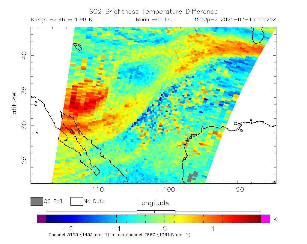 SO2 Brightness Temperature Difference 2021-03-16 15:25Z