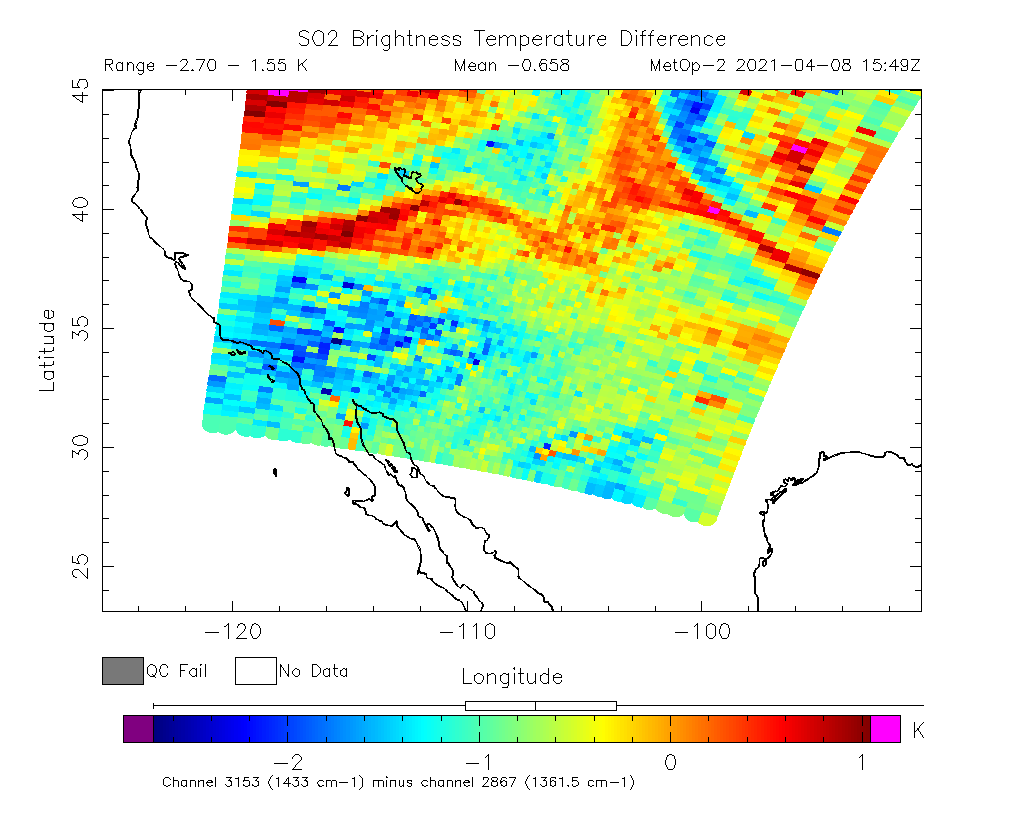 SO2 Brightness Temperature Difference 2021-04-08 15:49Z