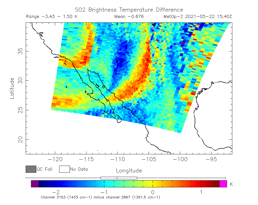 SO2 Brightness Temperature Difference 2021-05-22 15:40Z