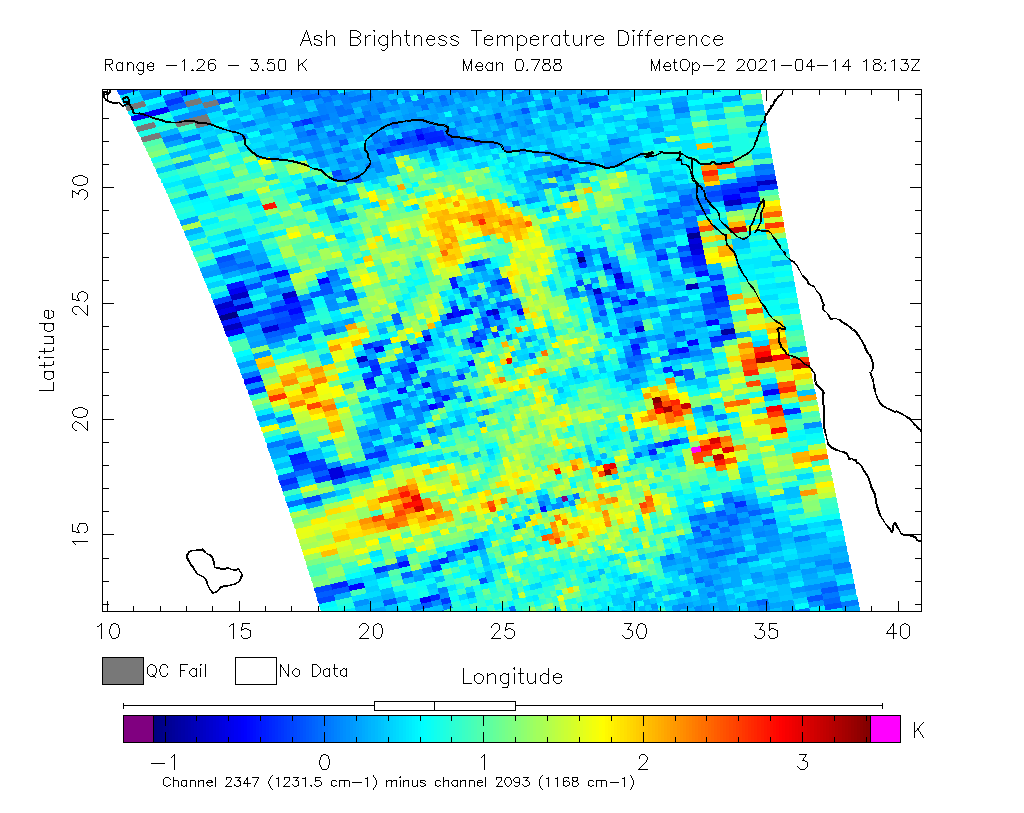Ash Brightness Temperature Difference 2021-04-14 18:13Z