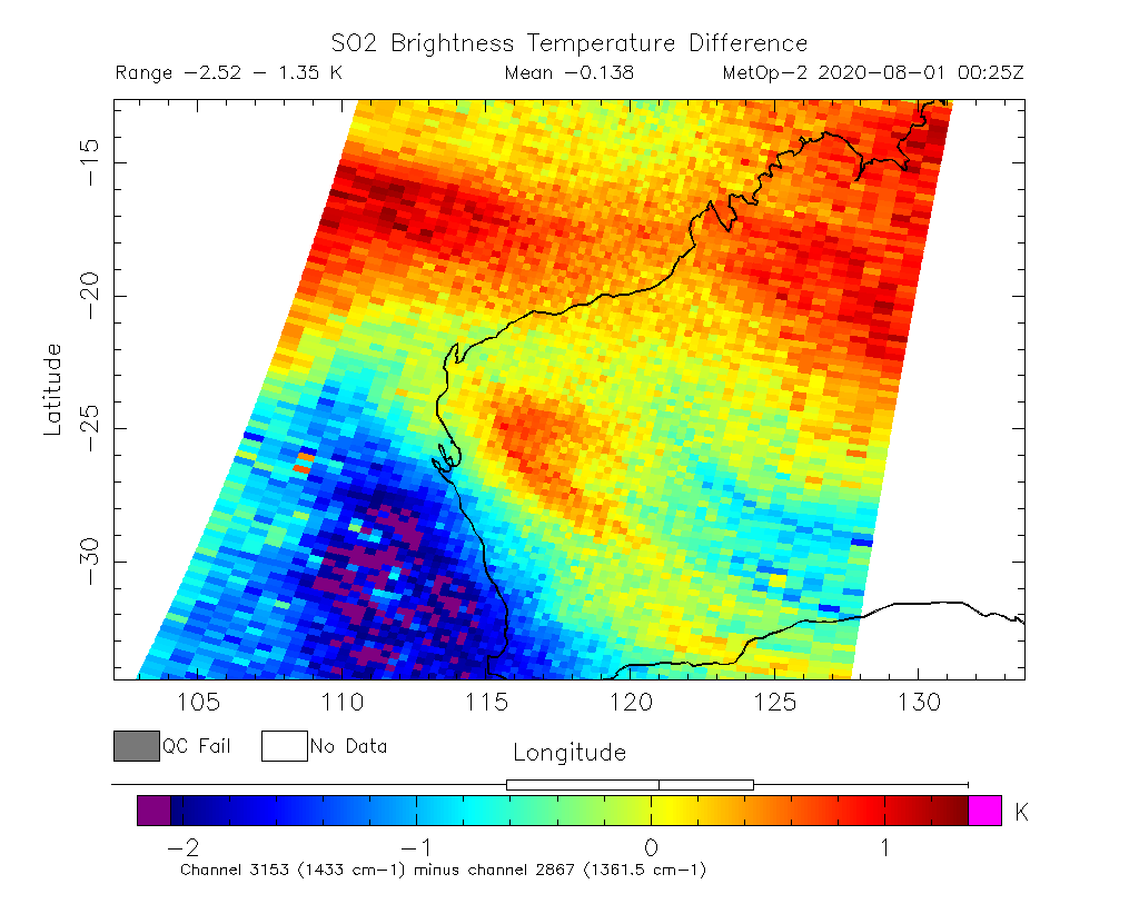 SO2 Brightness Temperature Difference 2020-08-01 00:25Z