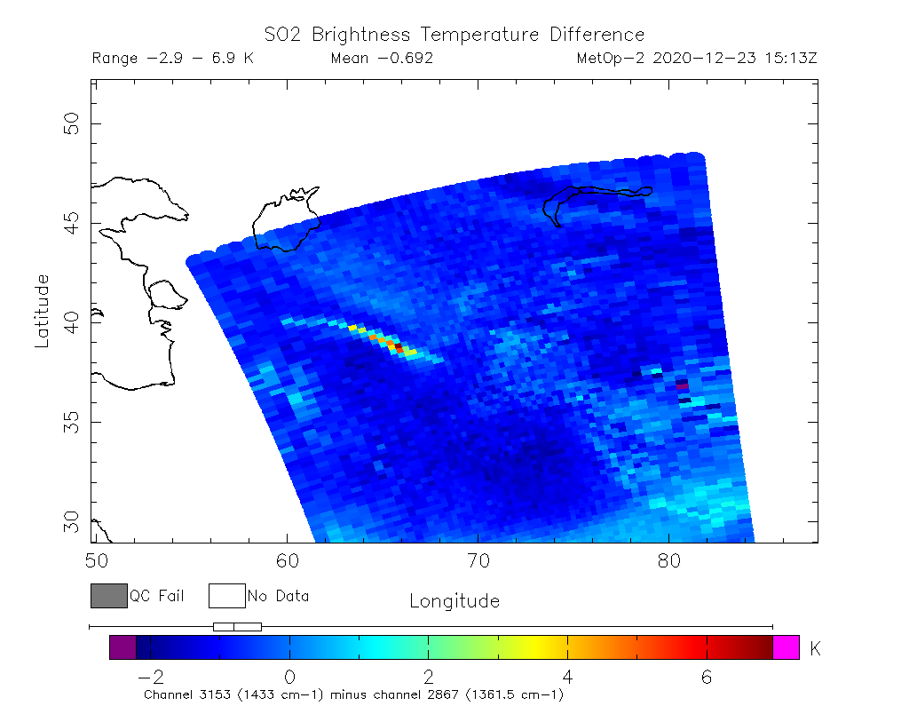 SO2 Brightness Temperature Difference 2020-12-23 15:13Z