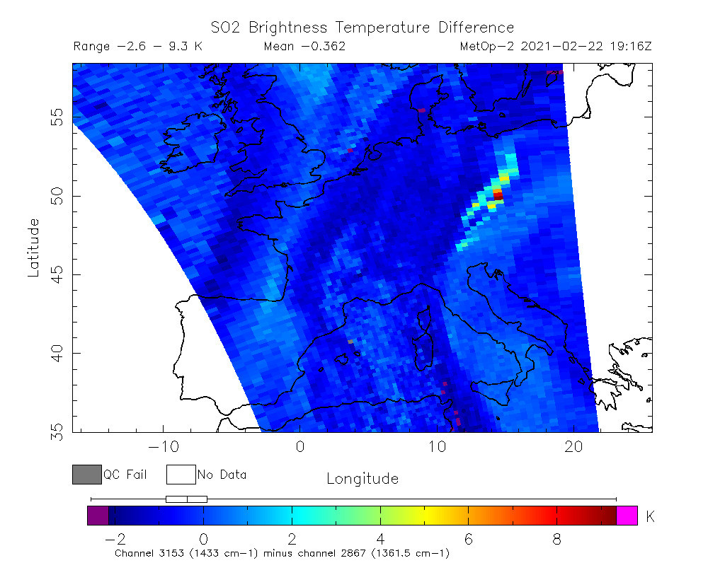 SO2 Brightness Temperature Difference 2021-02-22 19:16Z