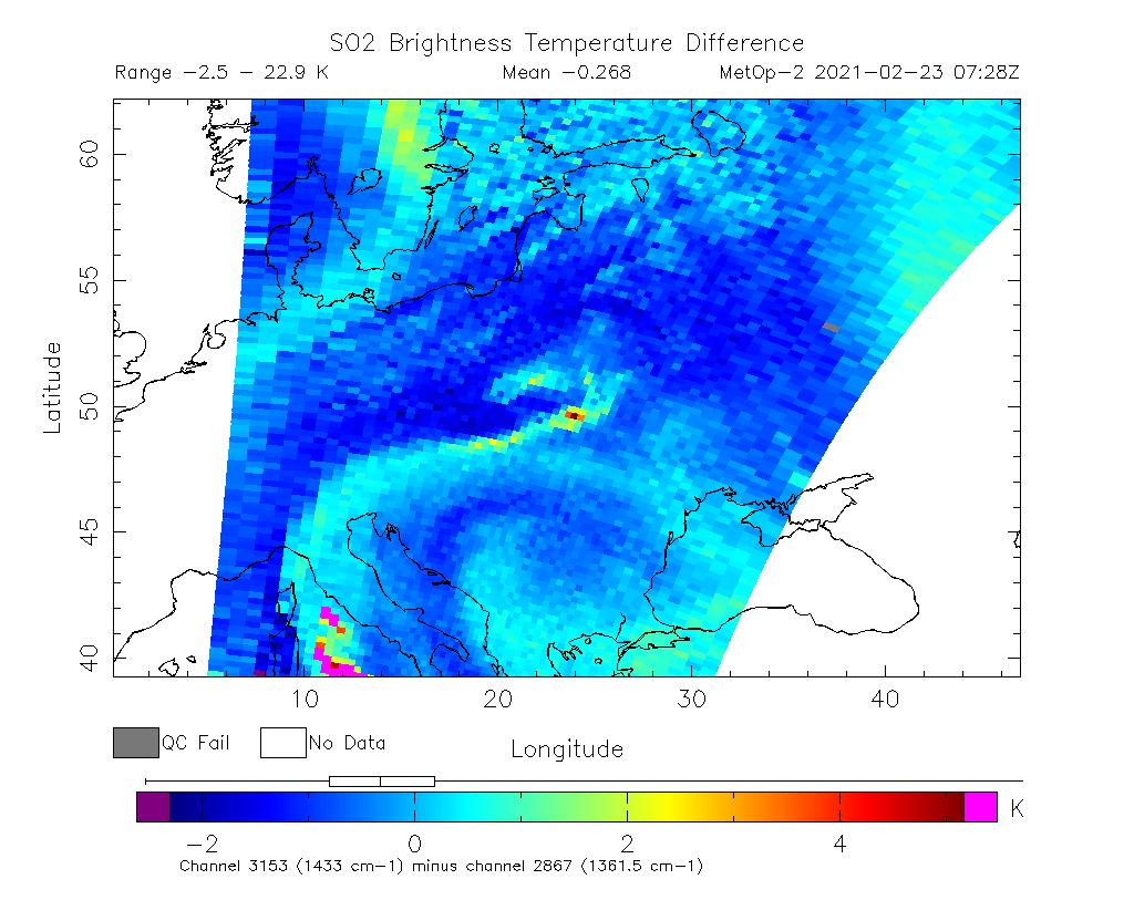 SO2 Brightness Temperature Difference 2021-02-23 07:28Z