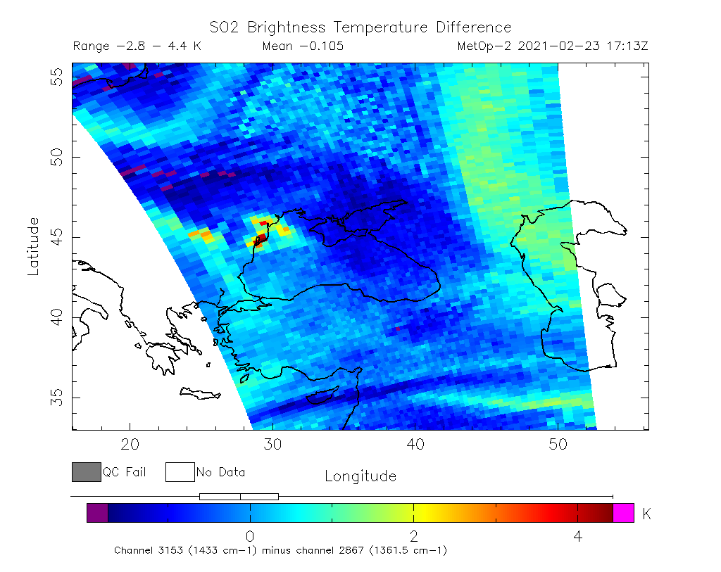 SO2 Brightness Temperature Difference 2021-02-23 17:13Z