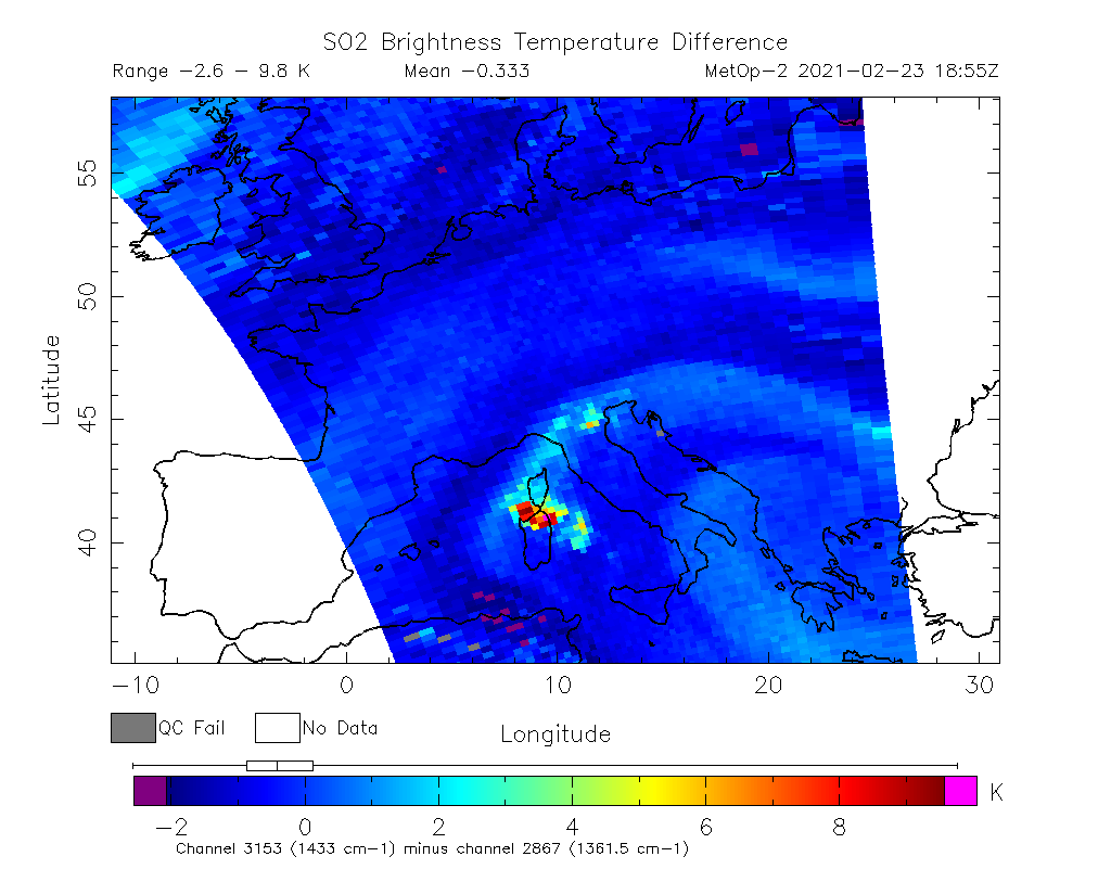 SO2 Brightness Temperature Difference 2021-02-23 18:55Z