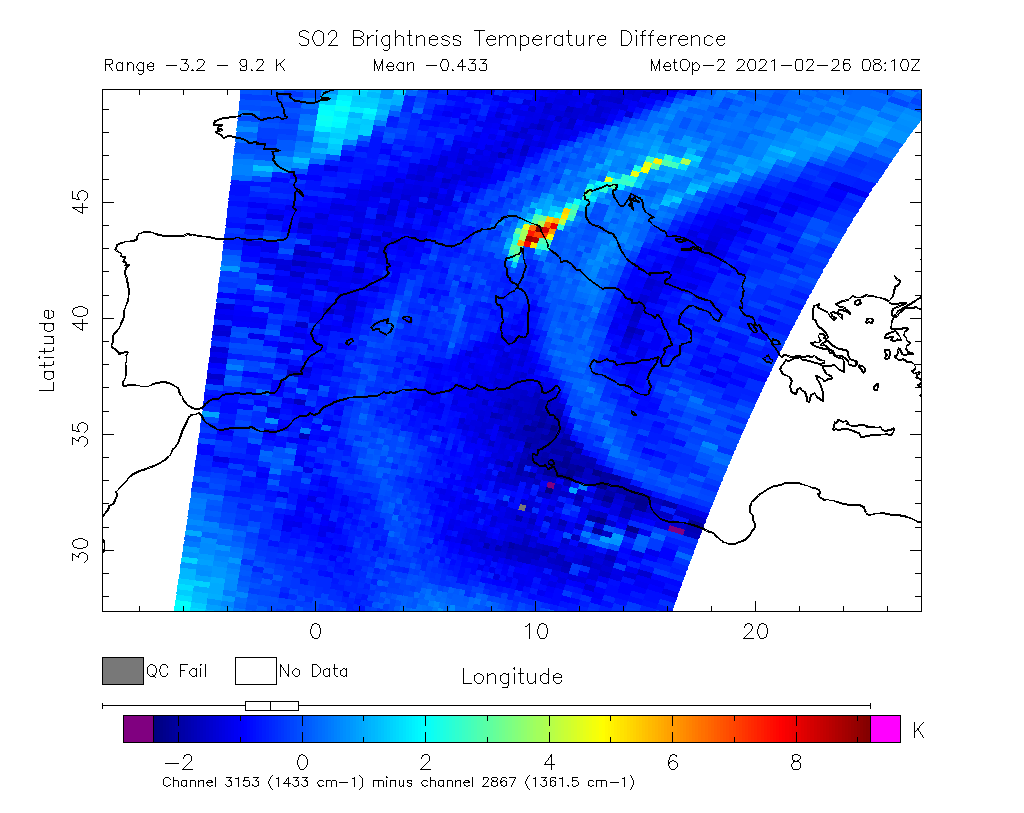 SO2 Brightness Temperature Difference 2021-02-26 08:10Z