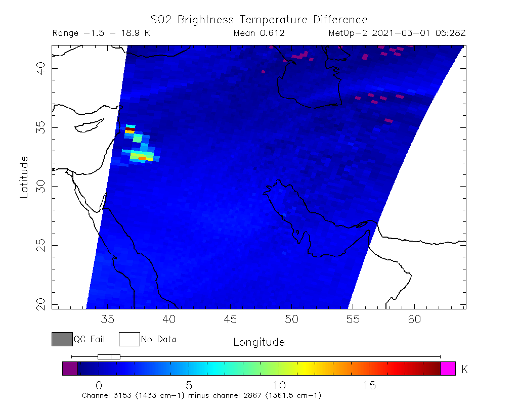 SO2 Brightness Temperature Difference 2021-03-01 05:28Z