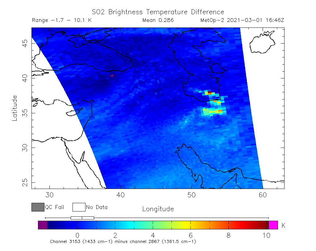 SO2 Brightness Temperature Difference 2021-03-01 16:46Z