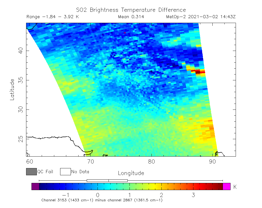 SO2 Brightness Temperature Difference 2021-03-02 14:43Z