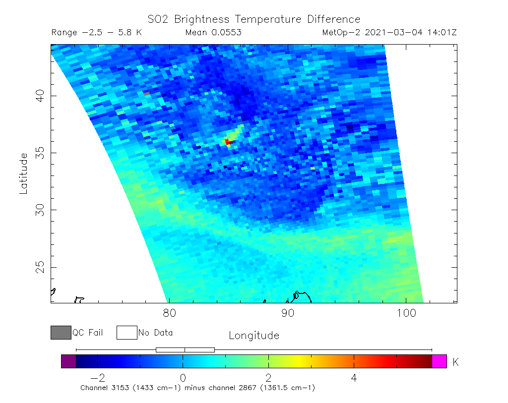 SO2 Brightness Temperature Difference 2021-03-04 14:01Z