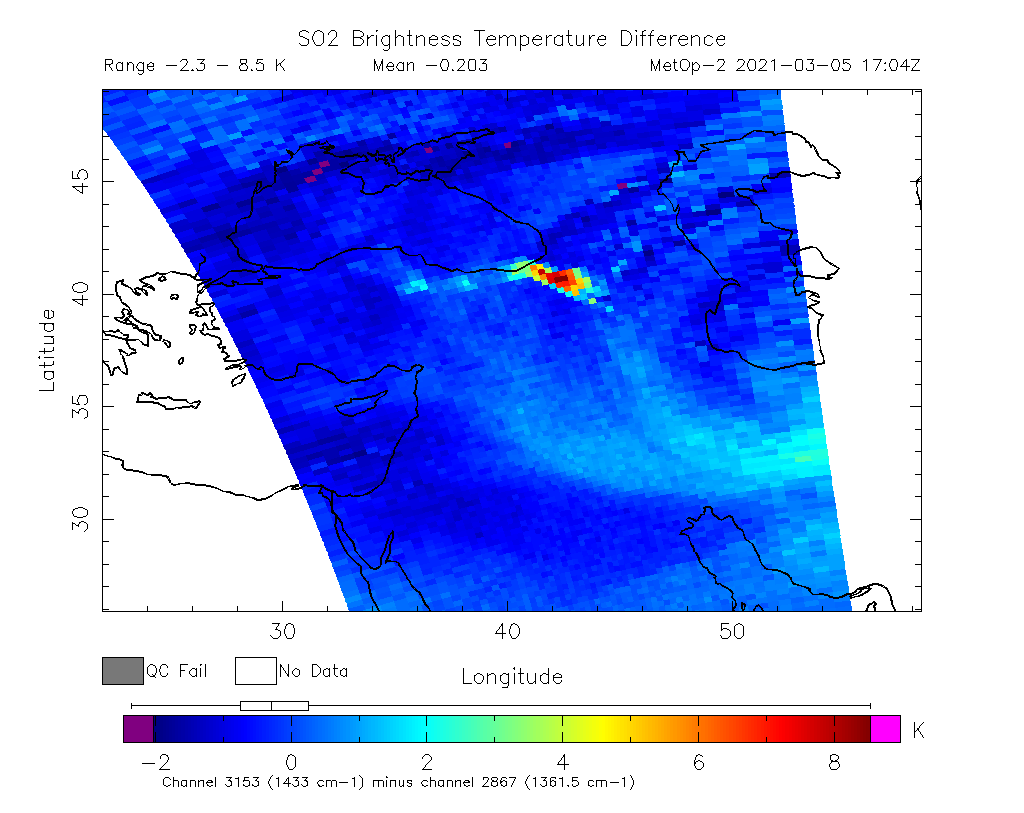 SO2 Brightness Temperature Difference 2021-03-05 17:04Z