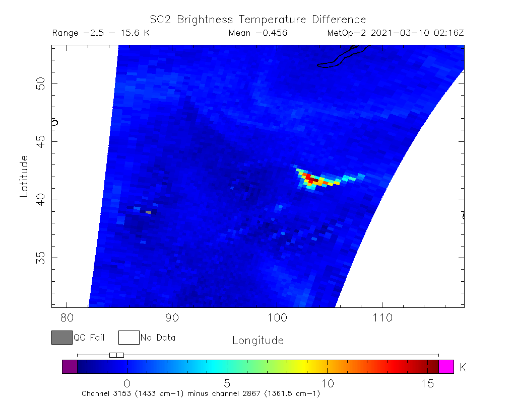 SO2 Brightness Temperature Difference 2021-03-10 02:16Z