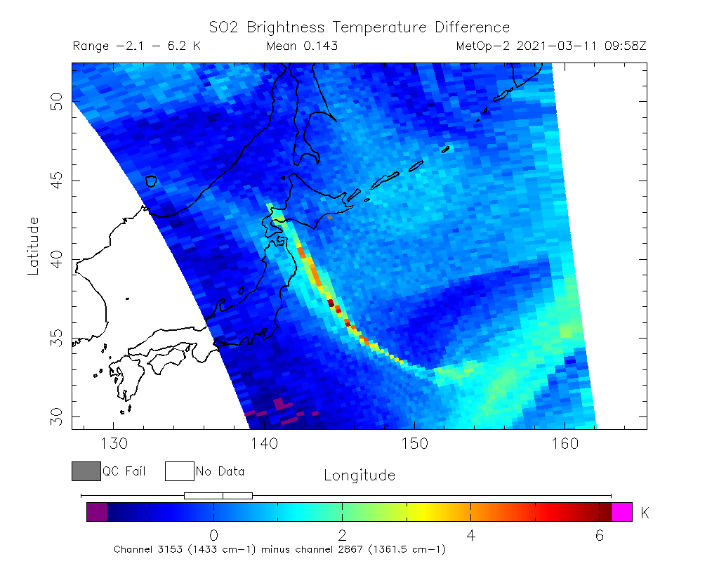 SO2 Brightness Temperature Difference 2021-03-11 09:58Z