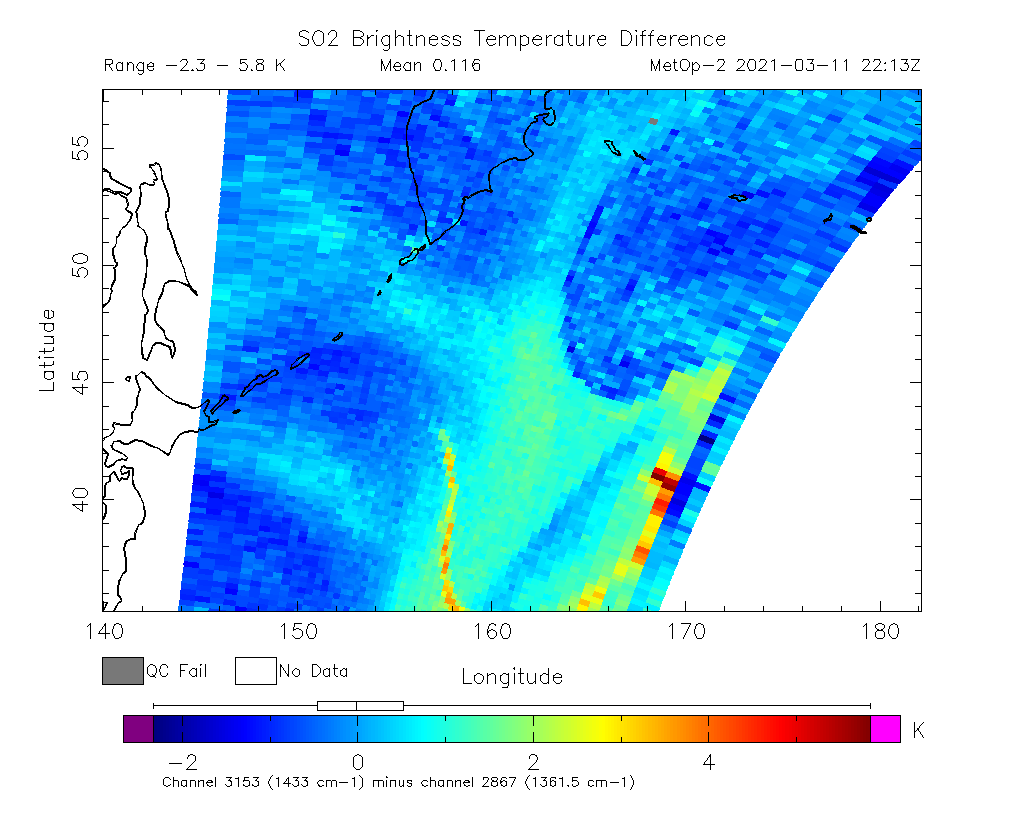 SO2 Brightness Temperature Difference 2021-03-11 22:13Z