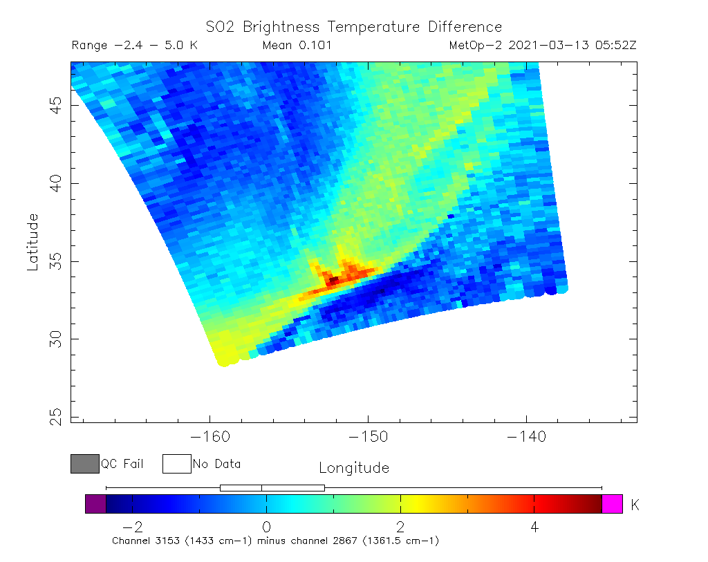 SO2 Brightness Temperature Difference 2021-03-13 05:52Z