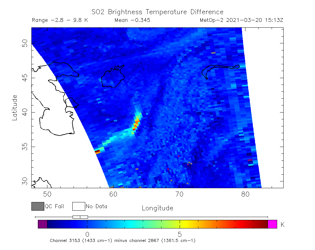 SO2 Brightness Temperature Difference 2021-03-20 15:13Z