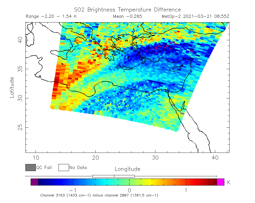 SO2 Brightness Temperature Difference 2021-03-21 06:55Z