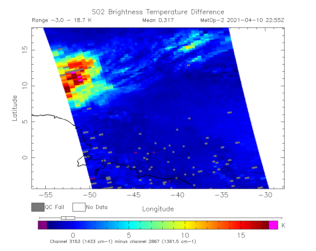 SO2 Brightness Temperature Difference 2021-04-10 22:55Z