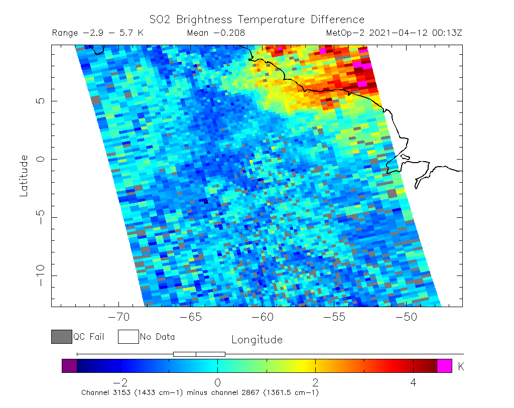 SO2 Brightness Temperature Difference 2021-04-12 00:13Z