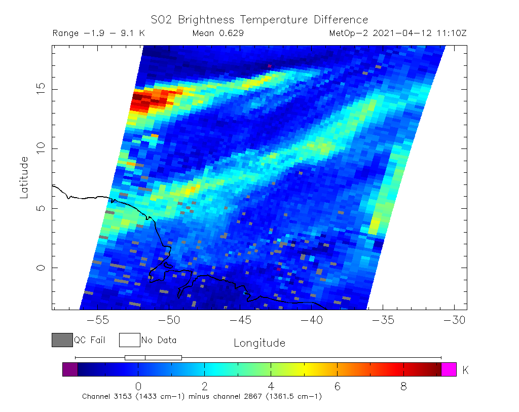 SO2 Brightness Temperature Difference 2021-04-12 11:10Z