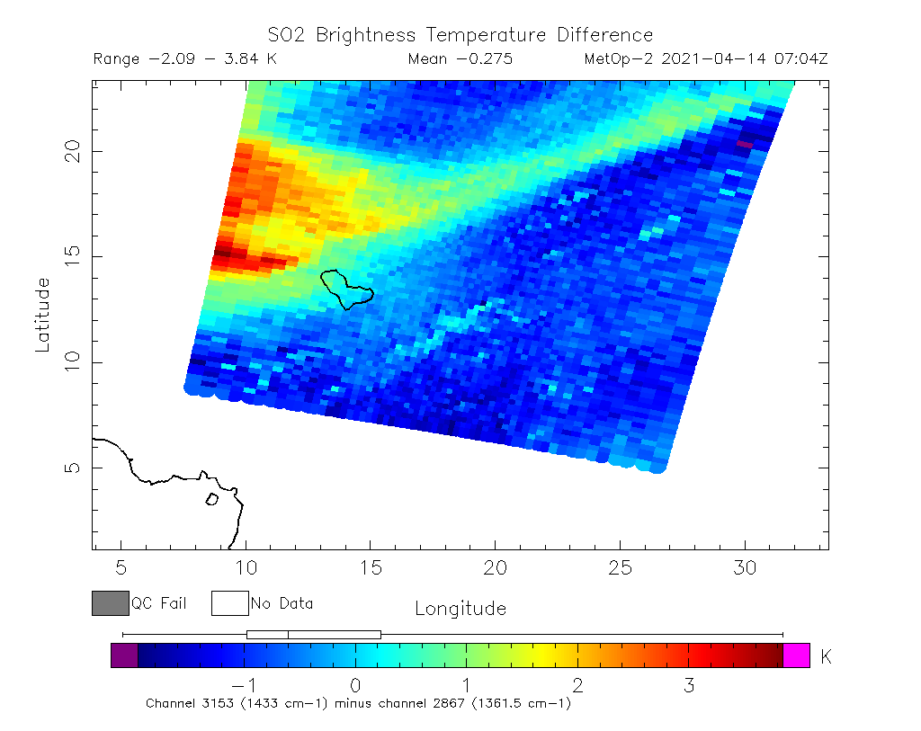 SO2 Brightness Temperature Difference 2021-04-14 07:04Z