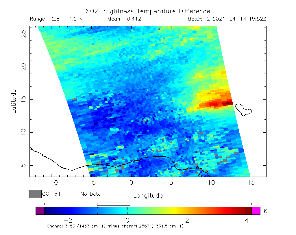SO2 Brightness Temperature Difference 2021-04-14 19:52Z