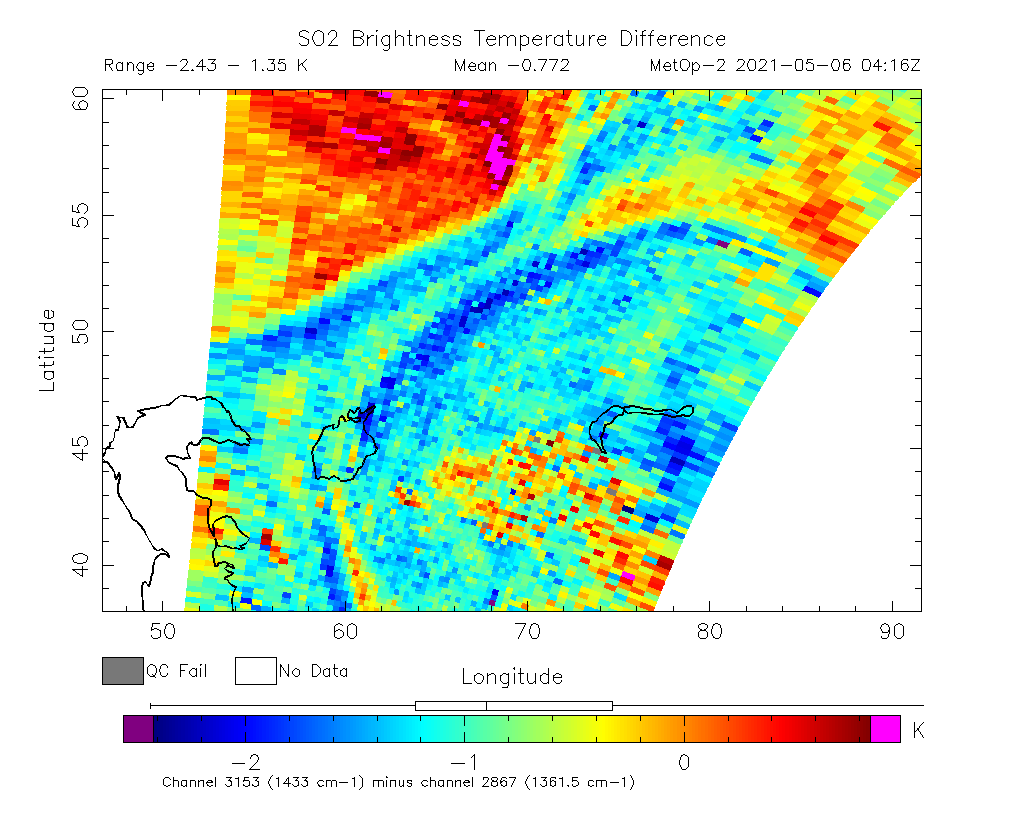 SO2 Brightness Temperature Difference 2021-05-06 04:16Z