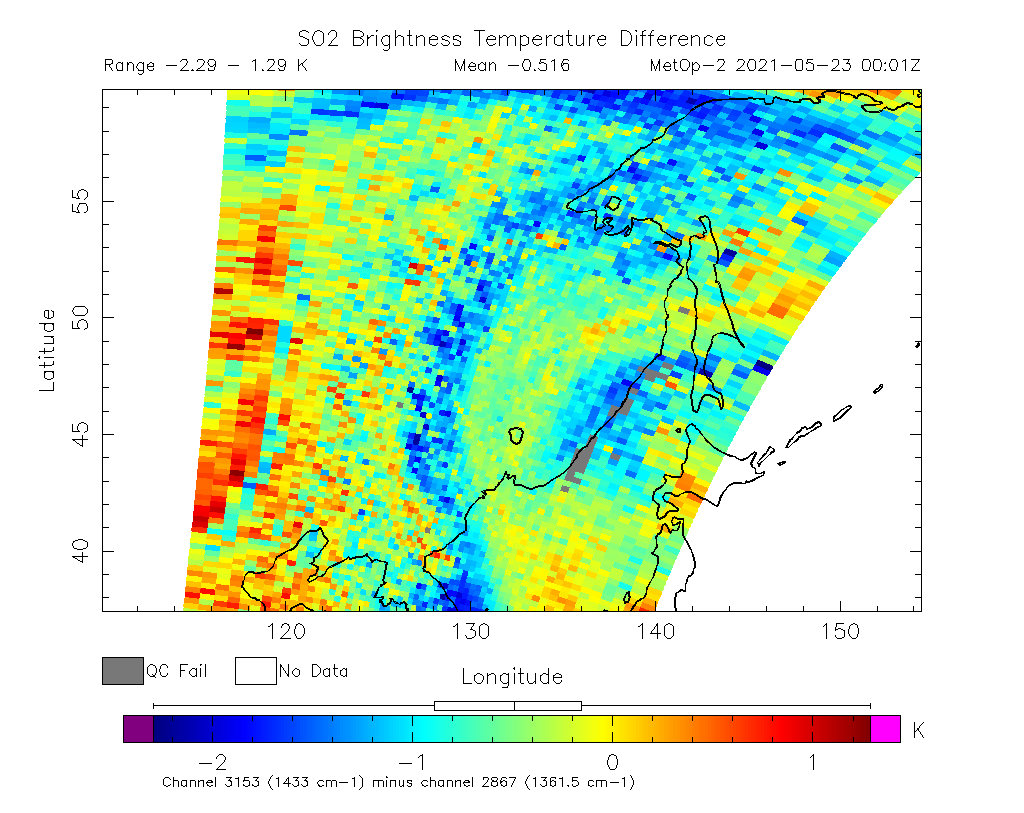 SO2 Brightness Temperature Difference 2021-05-23 00:01Z