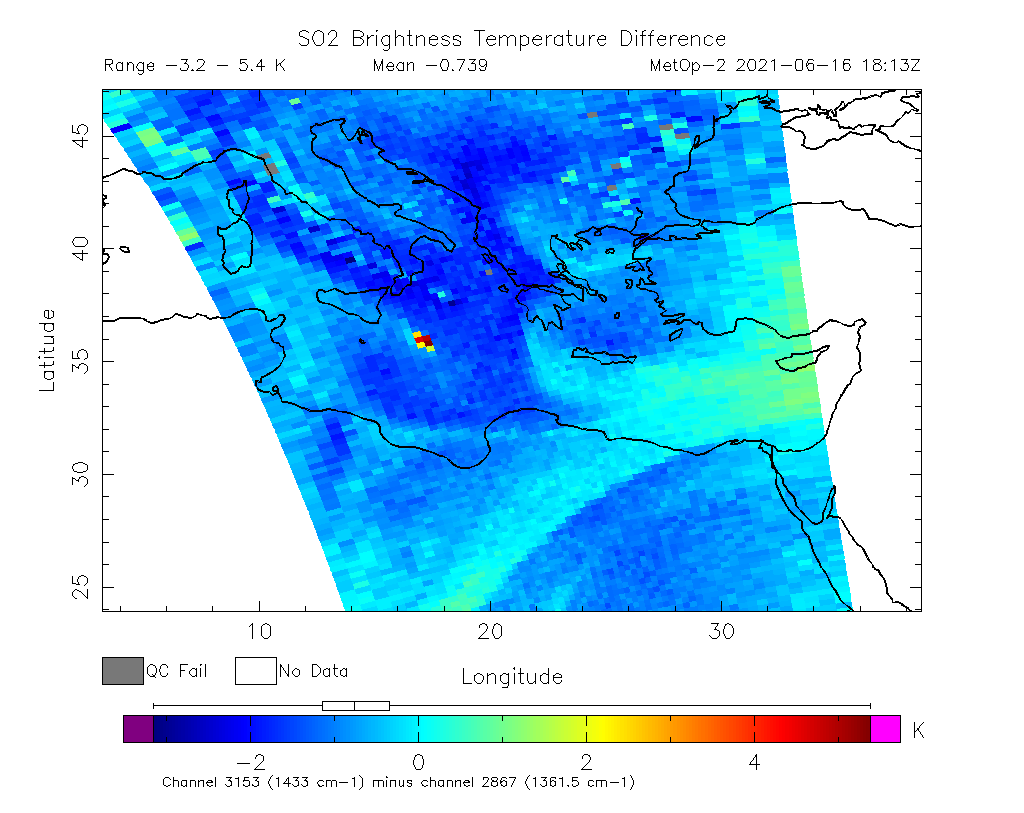 SO2 Brightness Temperature Difference 2021-06-16 18:13Z