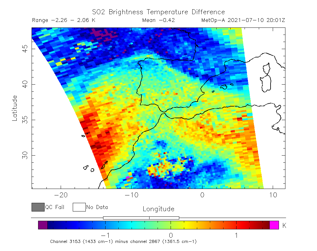 SO2 Brightness Temperature Difference 2021-07-10 20:01Z