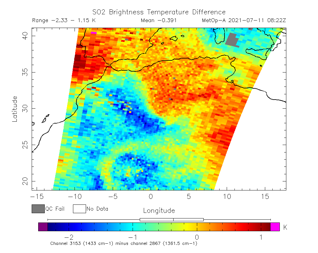 SO2 Brightness Temperature Difference 2021-07-11 08:22Z