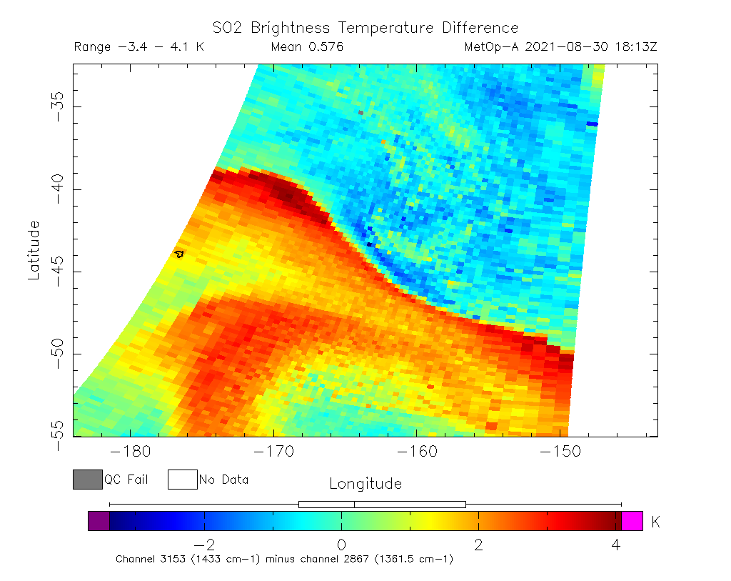 SO2 Brightness Temperature Difference 2021-08-30 18:13Z