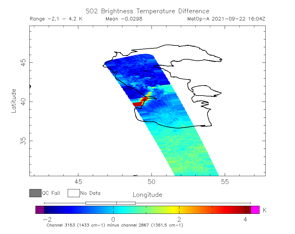SO2 Brightness Temperature Difference 2021-09-22 16:04Z