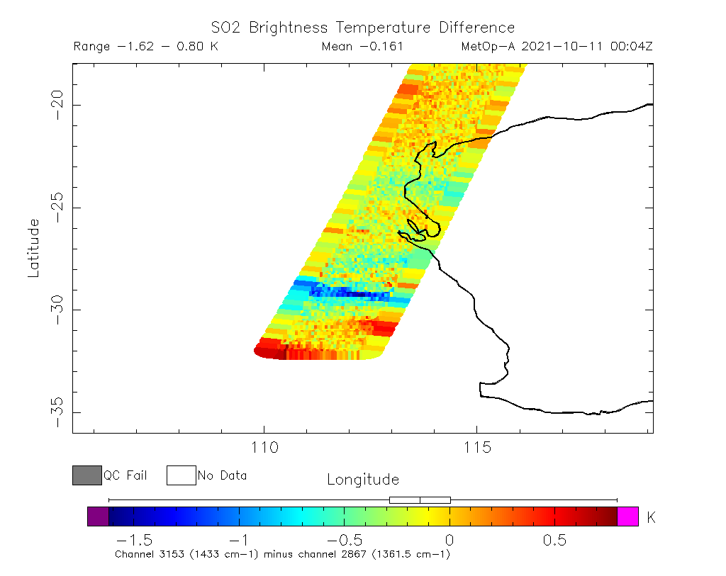 SO2 Brightness Temperature Difference 2021-10-11 00:04Z