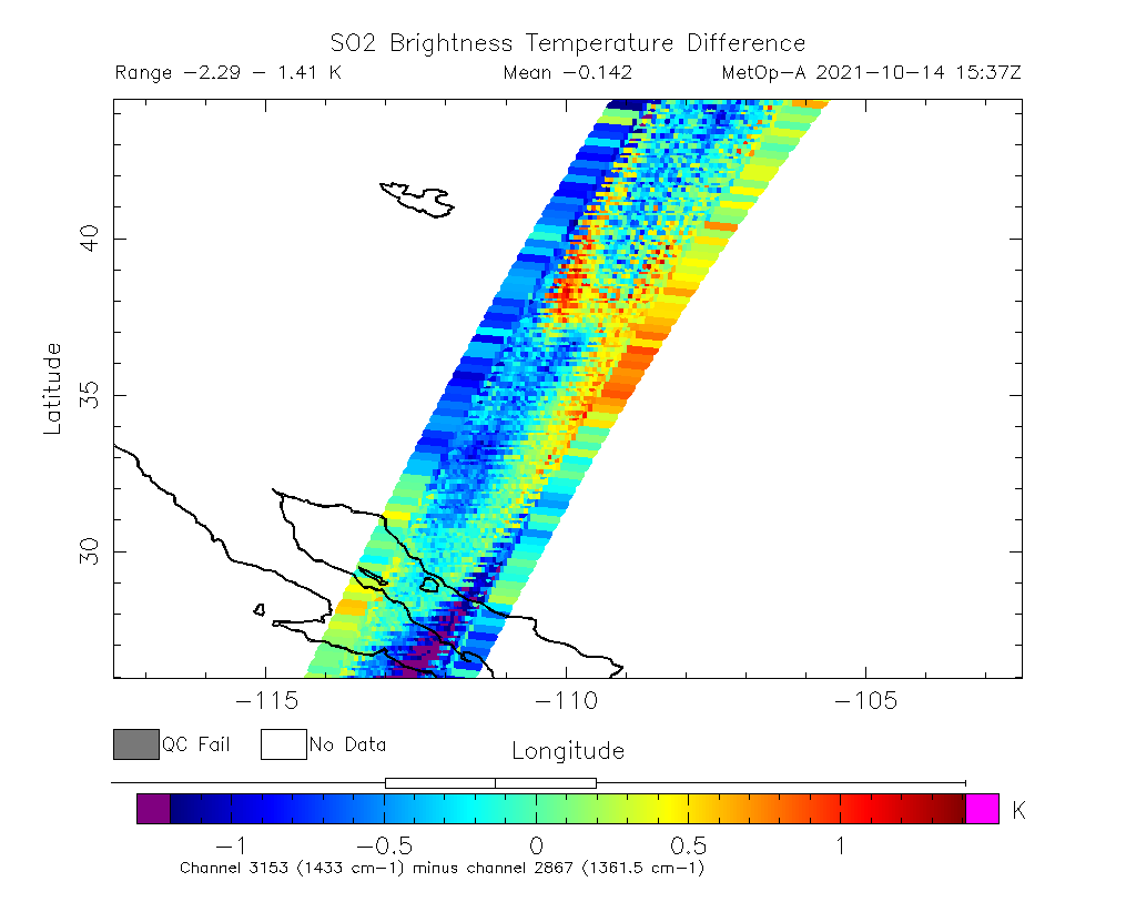 SO2 Brightness Temperature Difference 2021-10-14 15:37Z