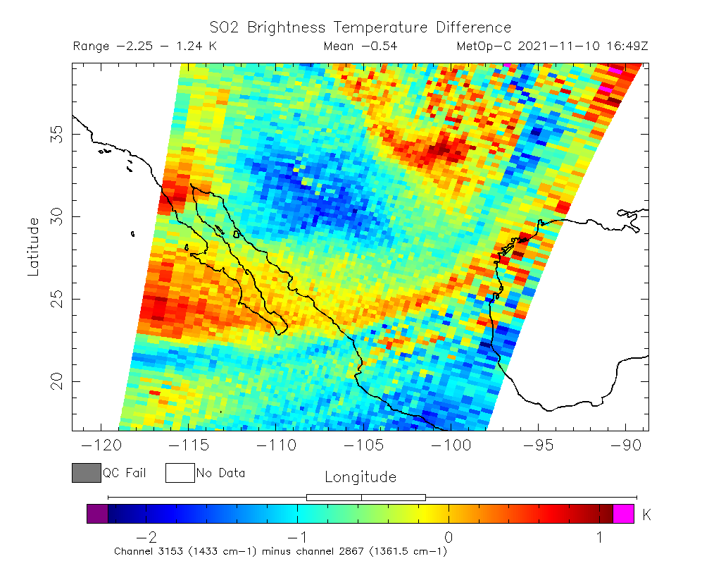 SO2 Brightness Temperature Difference 2021-11-10 16:49Z
