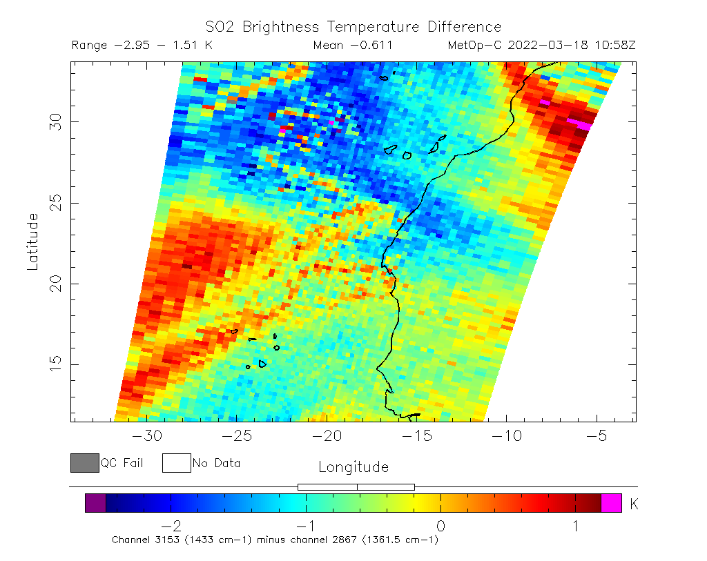 SO2 Brightness Temperature Difference 2022-03-18 10:58Z